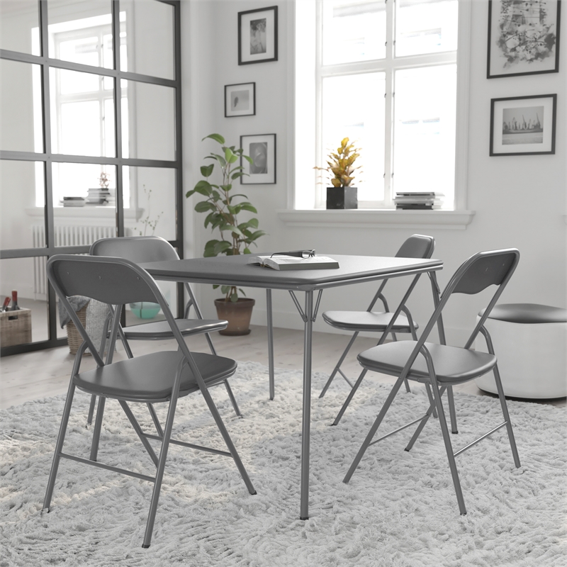 5 Piece Gray Folding Card Table and Chair Set with Upholstered Table Top