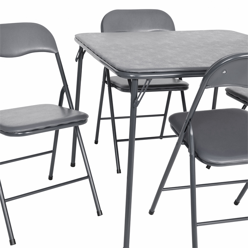 5 Piece Gray Folding Card Table and Chair Set with Upholstered Table Top