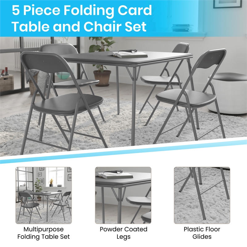 5 Piece Gray Folding Card Table and Chair Set with Upholstered Table Top