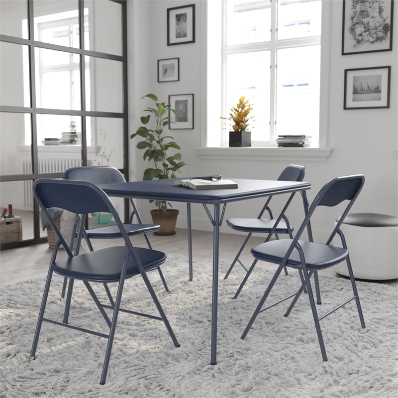 5 Piece Navy Folding Card Table and Chair Set with Upholstered Table Top