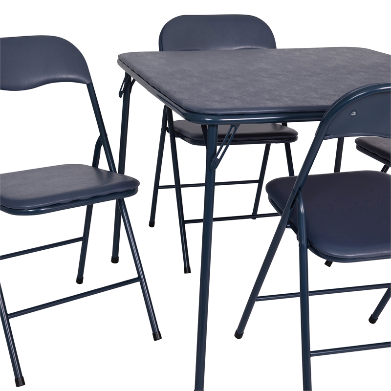 5 Piece Navy Folding Card Table and Chair Set with Upholstered Table Top