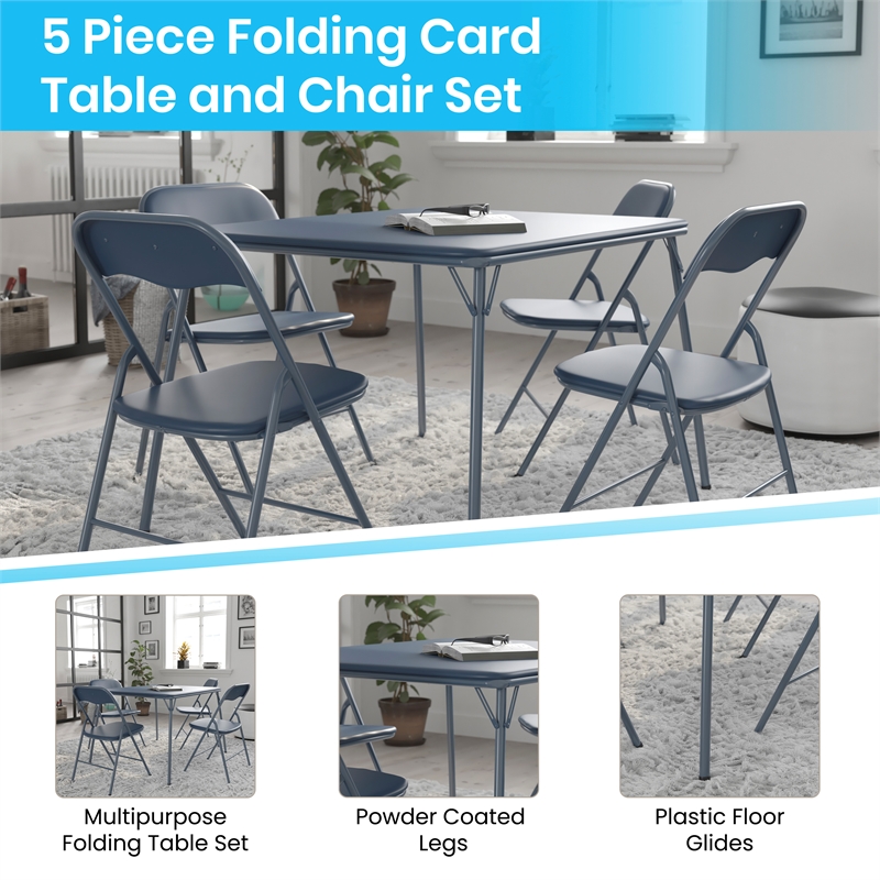 5 Piece Navy Folding Card Table and Chair Set with Upholstered Table Top