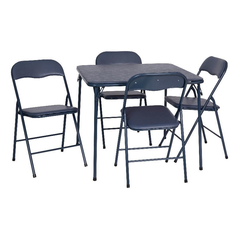 5 Piece Navy Folding Card Table and Chair Set with Upholstered Table Top