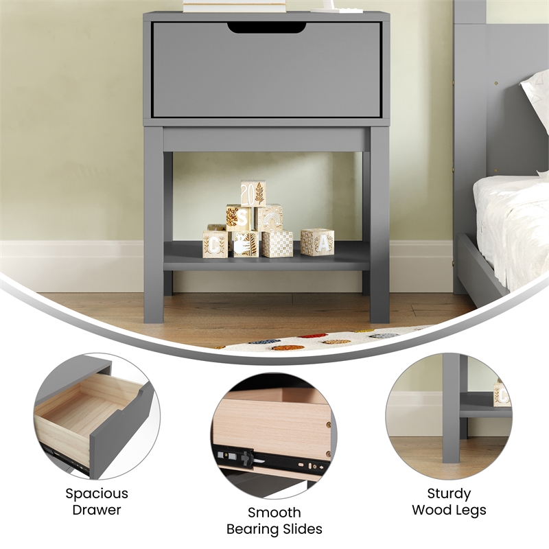 Wooden Night Stand for Kids Bedroom with Storage Drawer and Shelf in Gray