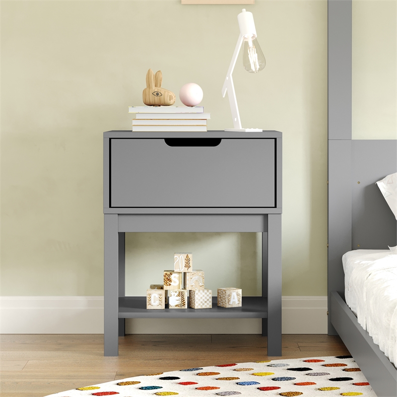 Wooden Night Stand for Kids Bedroom with Storage Drawer and Shelf in Gray