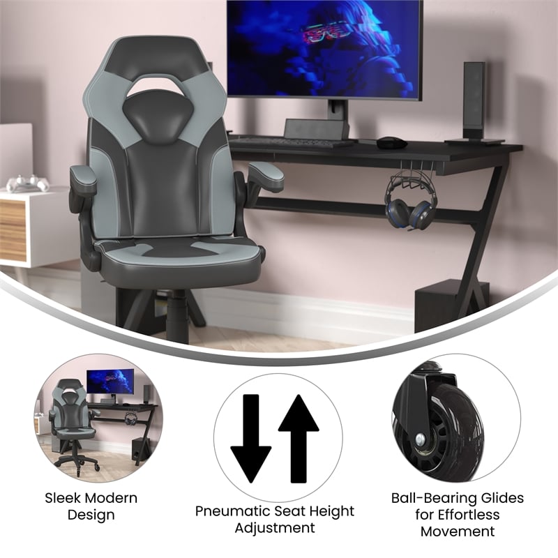 Office Gaming Chair with Skater Wheels & Flip Up Arms - Gray LeatherSoft