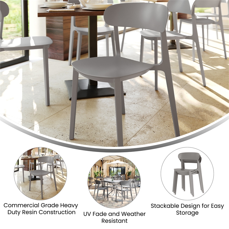 Commercial All-Weather Gray Resin Patio Stack Chair with Contoured Backrest