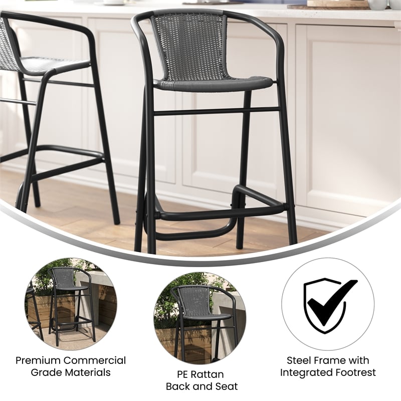 Commercial Indoor-Outdoor Rattan Restaurant Barstool Black Frame-Gray