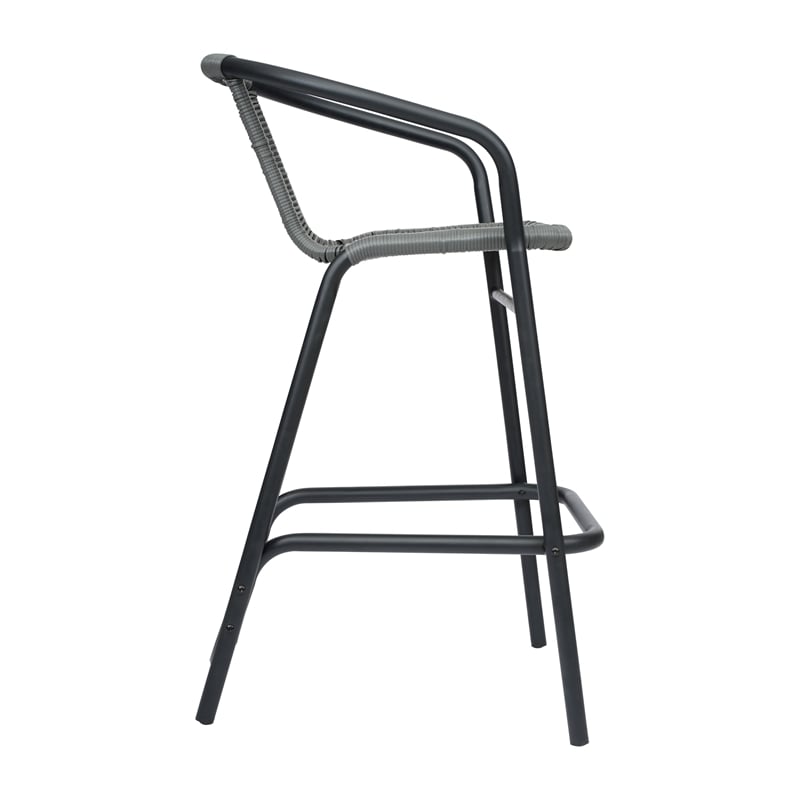 Commercial Indoor-Outdoor Rattan Restaurant Barstool Black Frame-Gray