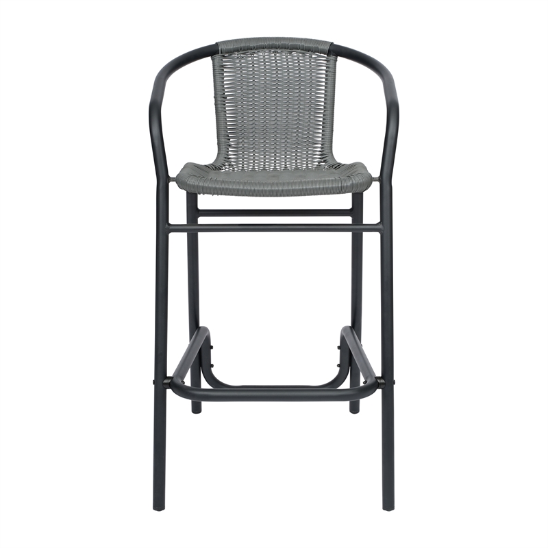 Commercial Indoor-Outdoor Rattan Restaurant Barstool Black Frame-Gray