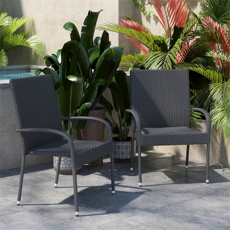 Indoor/Outdoor Stacking Steel Framed Gray Wicker Dining Armchairs - 2 Pack