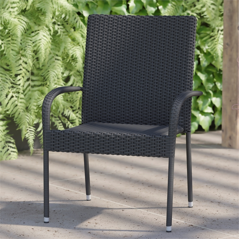 Indoor/Outdoor Stacking Steel Framed Gray Wicker Dining Armchairs - 2 Pack