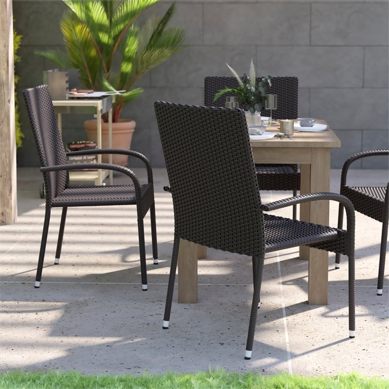 Indoor/Outdoor Stacking Steel Framed Black Wicker Dining Armchairs - 4 Pack