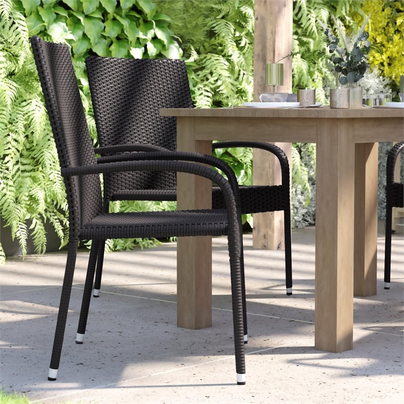 Indoor/Outdoor Stacking Steel Framed Black Wicker Dining Armchairs - 4 Pack