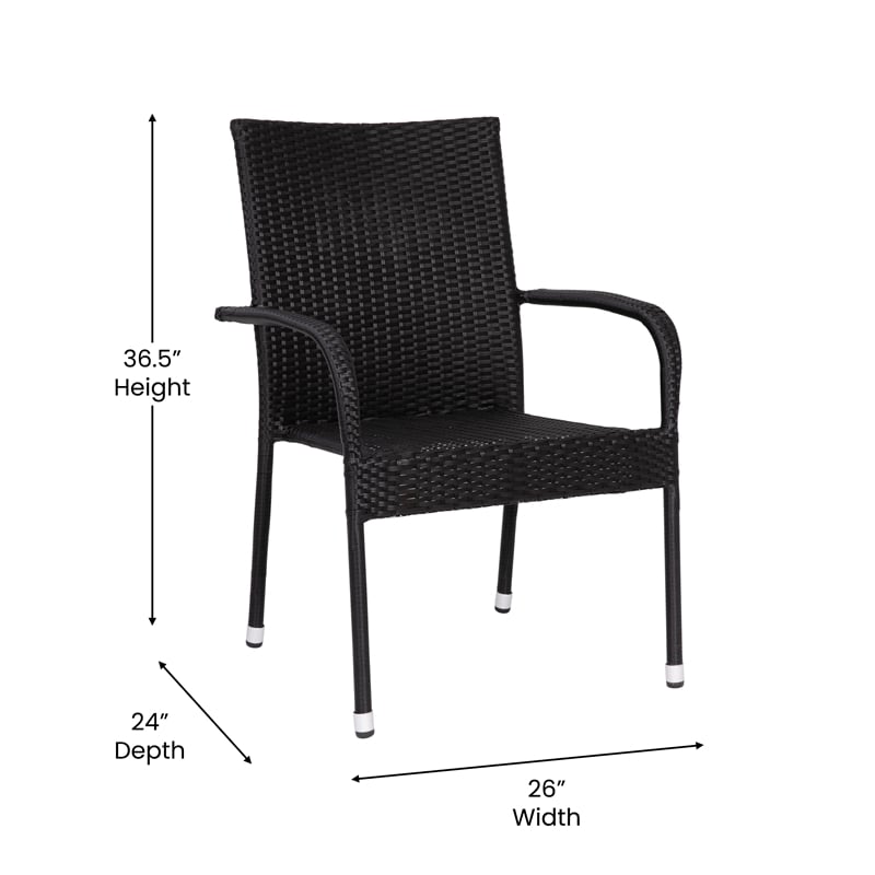 Indoor/Outdoor Stacking Steel Framed Black Wicker Dining Armchairs - 4 Pack
