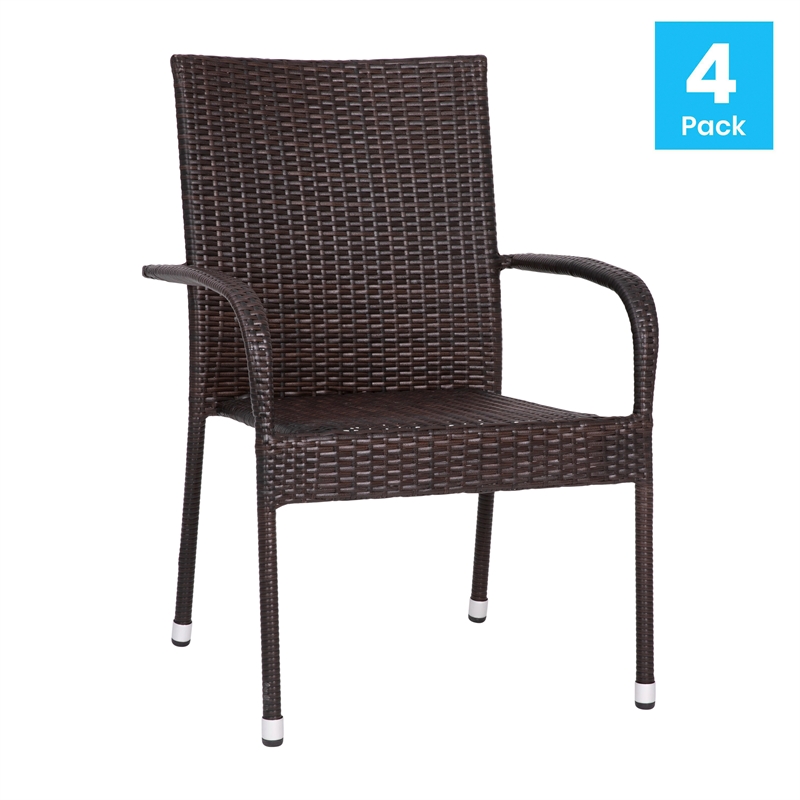 Indoor/Outdoor Stacking Steel Framed Espresso Wicker Dining Armchairs - 4 Pack