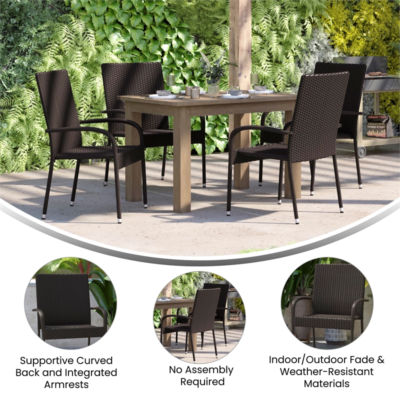 Indoor/Outdoor Stacking Steel Framed Espresso Wicker Dining Armchairs - 4 Pack
