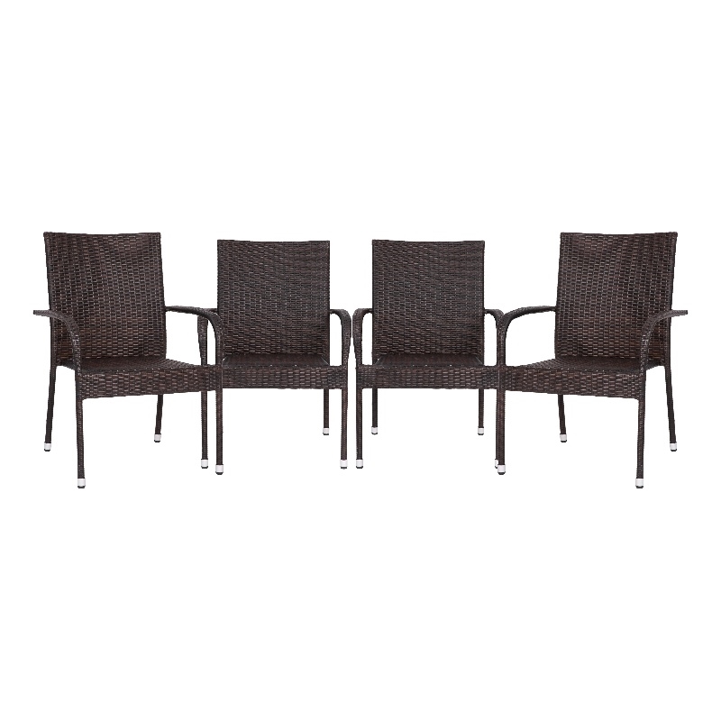 Indoor/Outdoor Stacking Steel Framed Espresso Wicker Dining Armchairs - 4 Pack