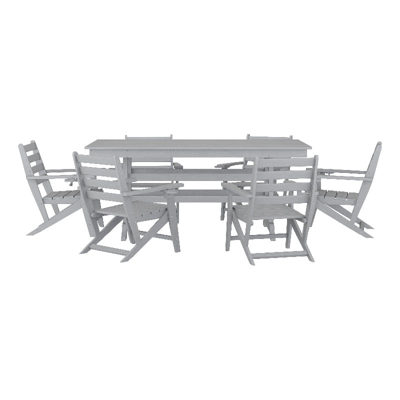 Commercial All Weather Adirondack Table and 6 Chairs with Cupholders in Gray