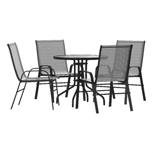 5 Piece Patio Dining Set - 31.5&quot Round Glass Table 4 Gray Flex Stack Chairs