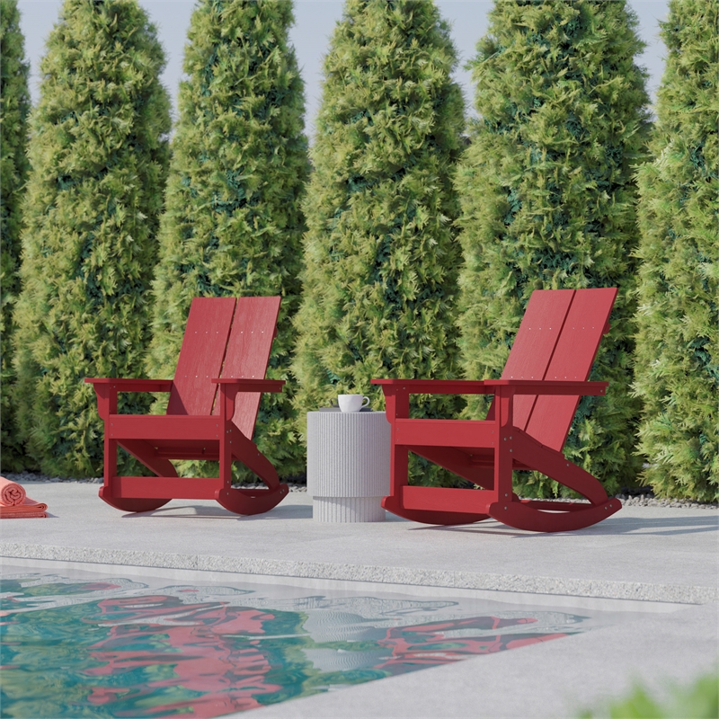 Indoor/Outdoor modern 2-Slat Adirondack Poly Resin Rockers in Red - Set of 2