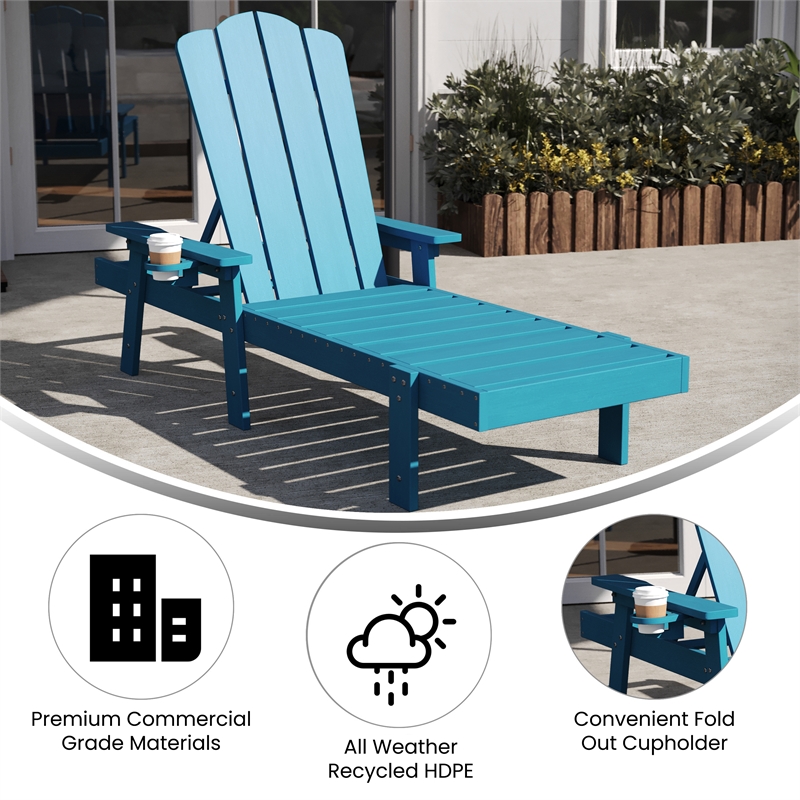 All-Weather Commercial Adjustable Lounge Chair with Fold Out Cupholder - Blue