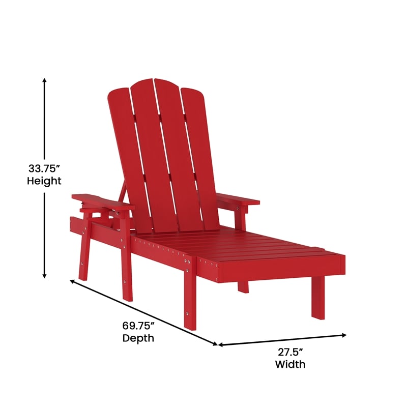 All-Weather Commercial Adjustable Lounge Chair with Fold Out Cupholder - Red
