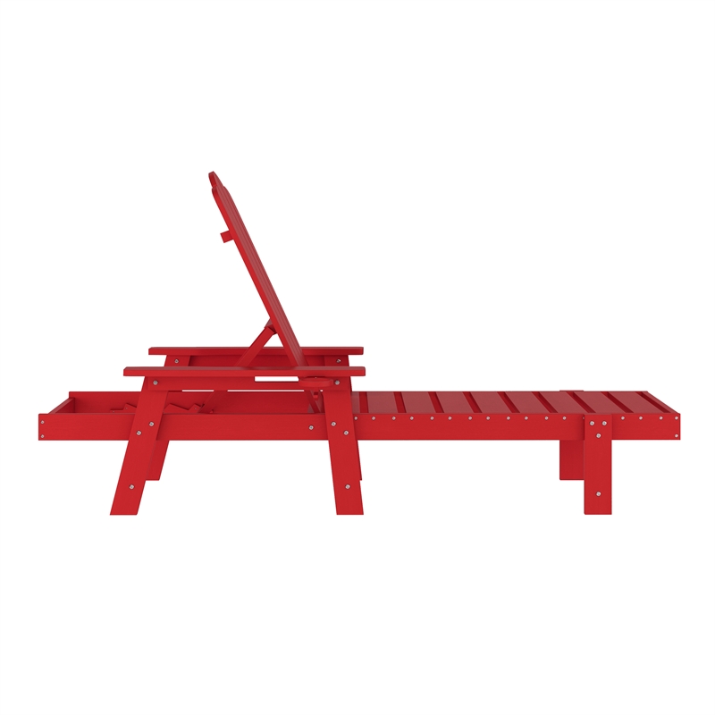 All-Weather Commercial Adjustable Lounge Chair with Fold Out Cupholder - Red