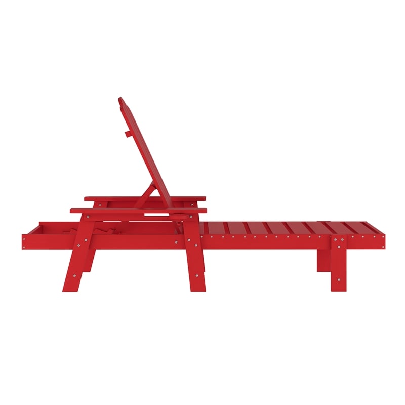 All-Weather Commercial Adjustable Lounge Chair with Fold Out Cupholder - Red