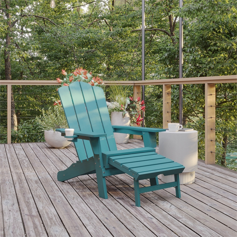 Commercial All-Weather Adirondack Chair with Pullout Ottoman & Cupholder - Blue