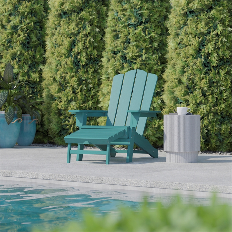 Commercial All-Weather Adirondack Chair with Pullout Ottoman & Cupholder - Blue
