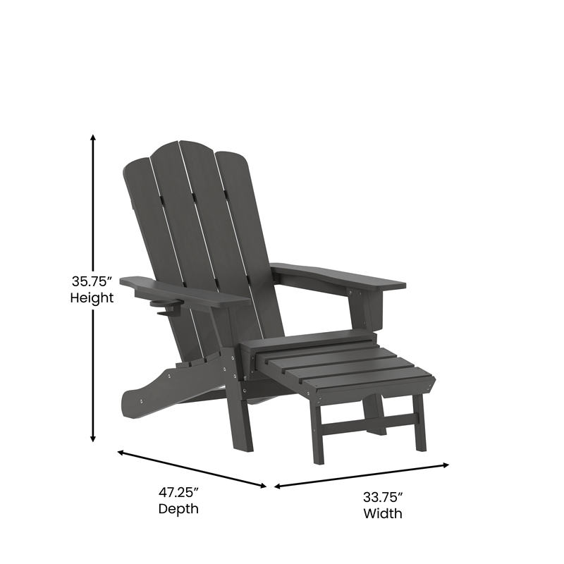Commercial All-Weather Adirondack Chair with Pullout Ottoman & Cupholder - Gray