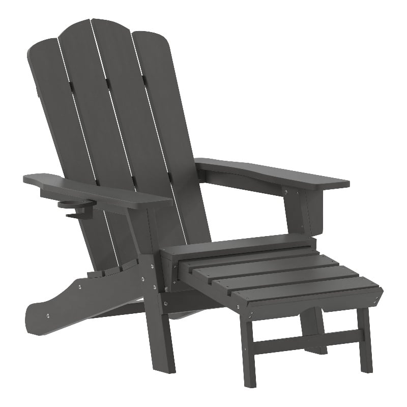 Commercial All-Weather Adirondack Chair with Pullout Ottoman & Cupholder - Gray