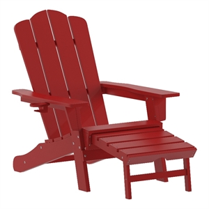 Commercial All-Weather Adirondack Chair with Pullout Ottoman & Cupholder - Red