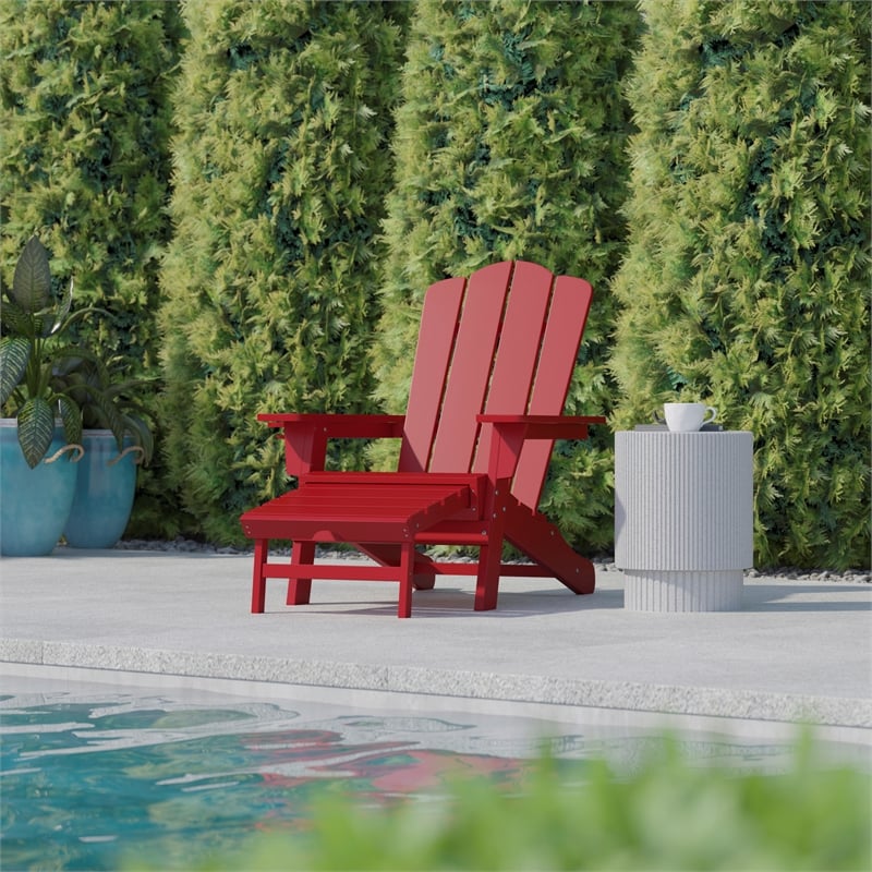Commercial All-Weather Adirondack Chair with Pullout Ottoman & Cupholder - Red