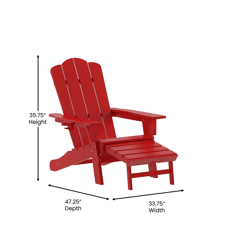 Commercial All-Weather Adirondack Chair with Pullout Ottoman & Cupholder - Red