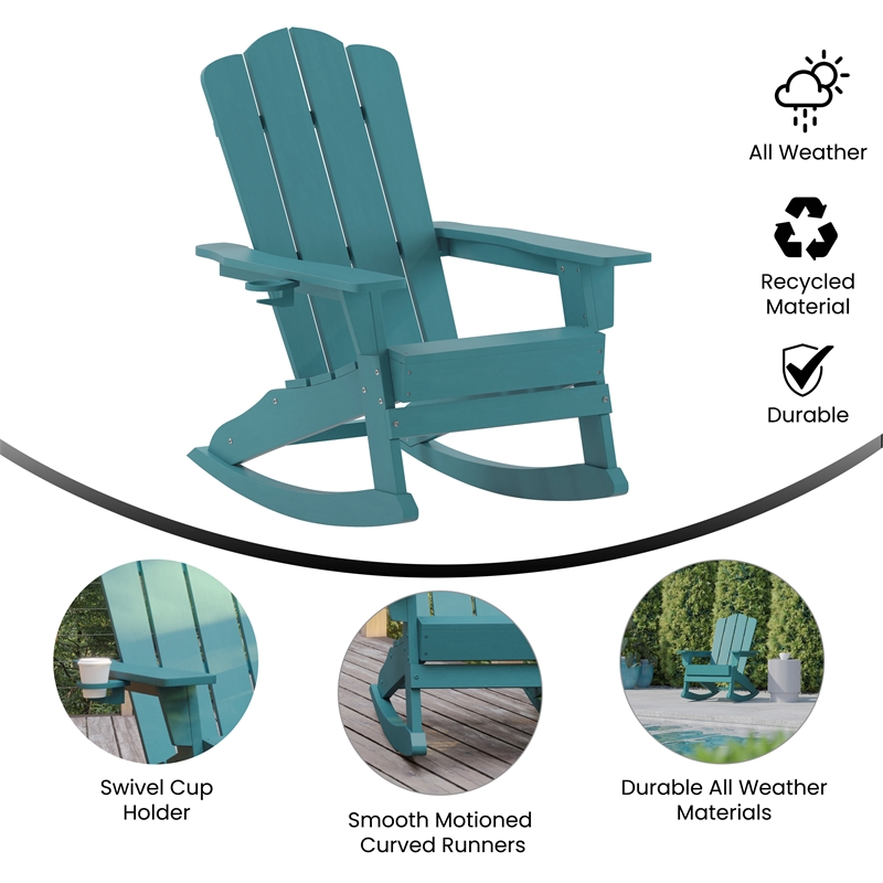 Commercial All-Weather Rocking Adirondack Chair with Swiveling Cupholder - Blue