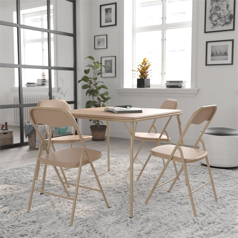 5 Piece Tan Folding Card Table and Chair Set with Upholstered Table Top