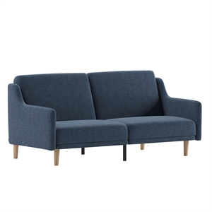 Split Back Futon Sofa with Curved Arms and Solid Wood Legs- Navy Faux Linen