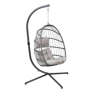Foldable Hanging Egg Chair with Included C-Stand and Gray Cushions - Gray