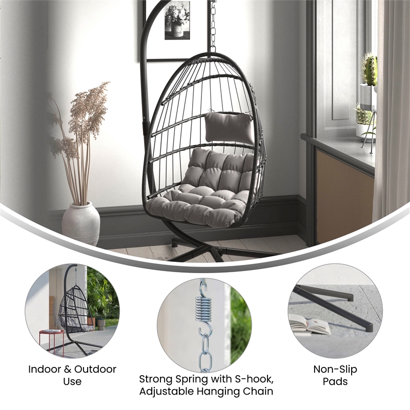 Foldable Hanging Egg Chair with Included C-Stand and Gray Cushions - Gray