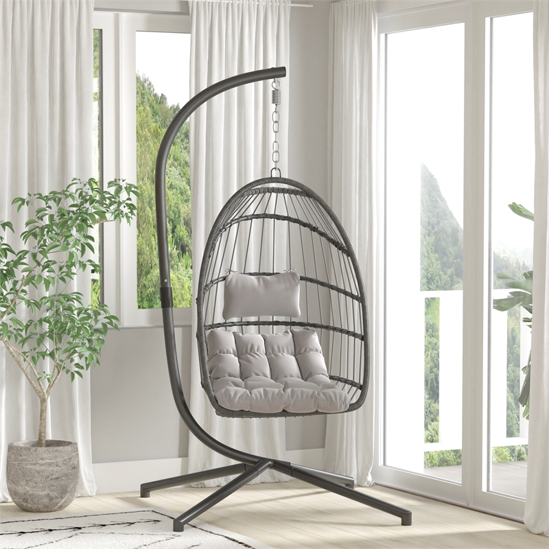Foldable Hanging Egg Chair with Included C-Stand and Gray Cushions - Gray