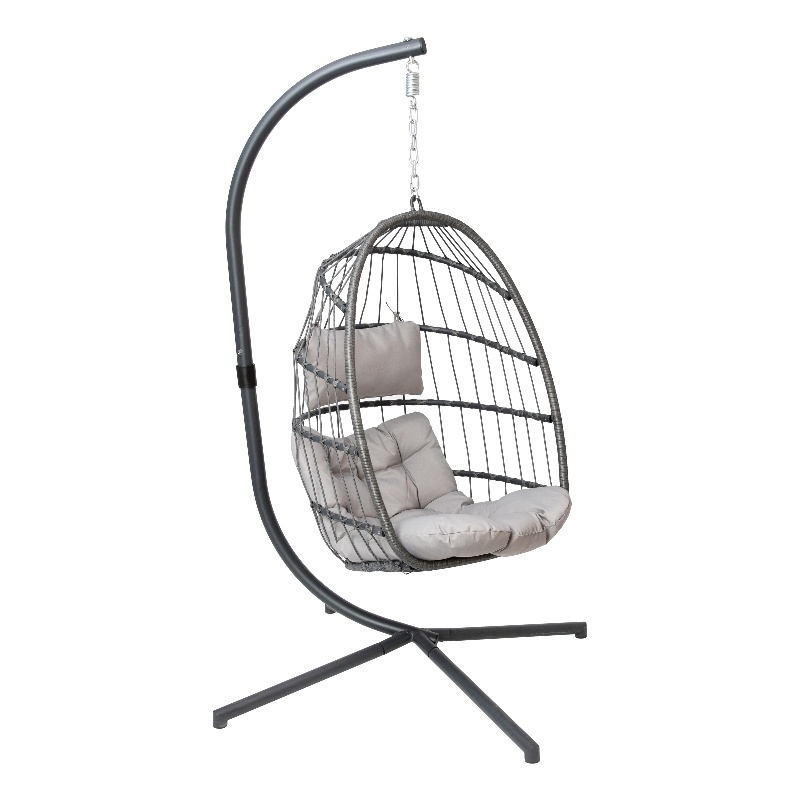 Foldable Hanging Egg Chair with Included C-Stand and Gray Cushions - Gray