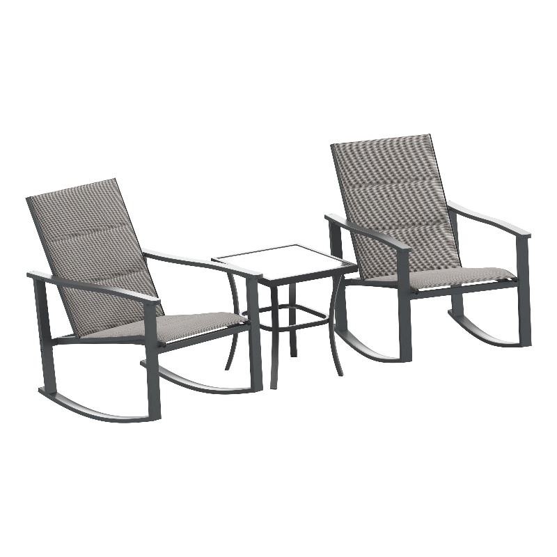 3 Piece All-Weather Rocking Chairs and Glass Top Table Bistro Set - Gray/Black