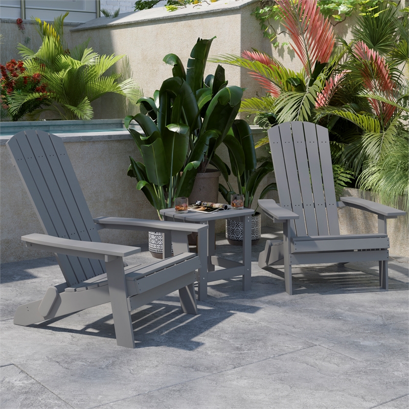 Set of 2 Indoor/Outdoor Folding Adirondack Chairs with Side Table in Gray