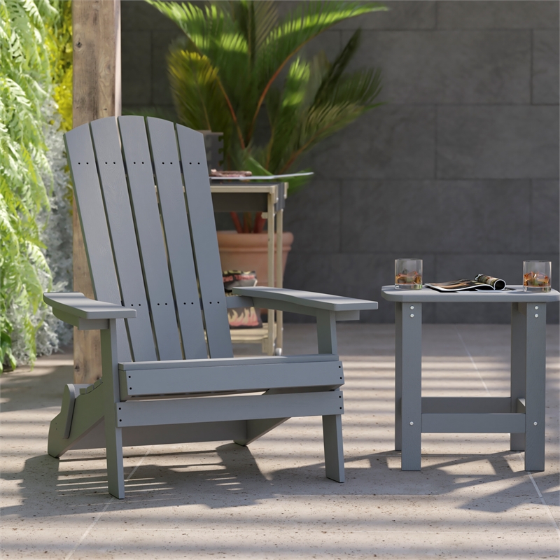 Set of 2 Indoor/Outdoor Folding Adirondack Chairs with Side Table in Gray