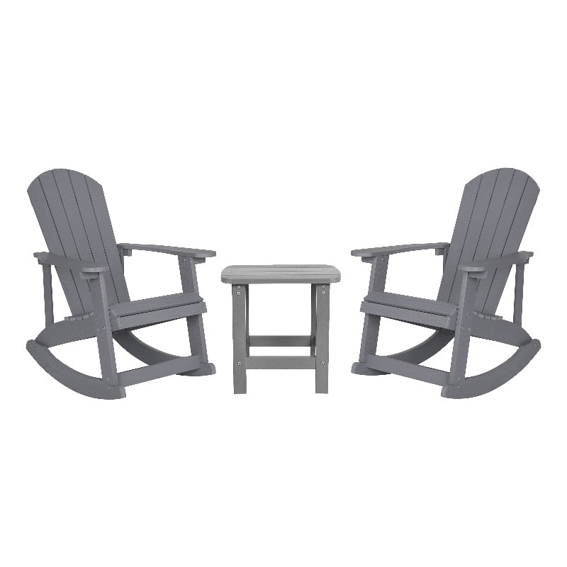 Set of 2 Poly Resin Adirondack Rocking Chairs with 1 Side Table in Gray