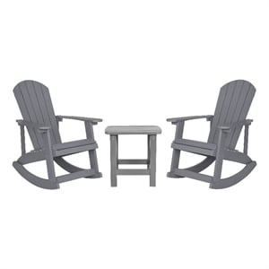 Set of 2 Poly Resin Adirondack Rocking Chairs with 1 Side Table in Gray