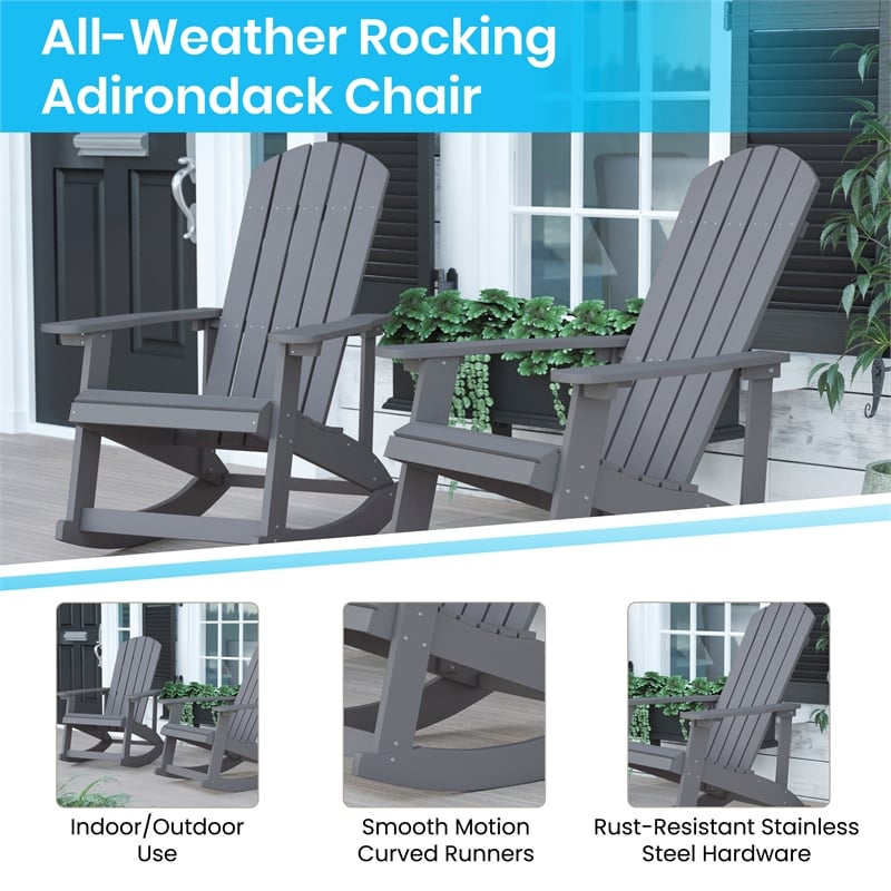 Set of 2 Poly Resin Adirondack Rocking Chairs with 1 Side Table in Gray