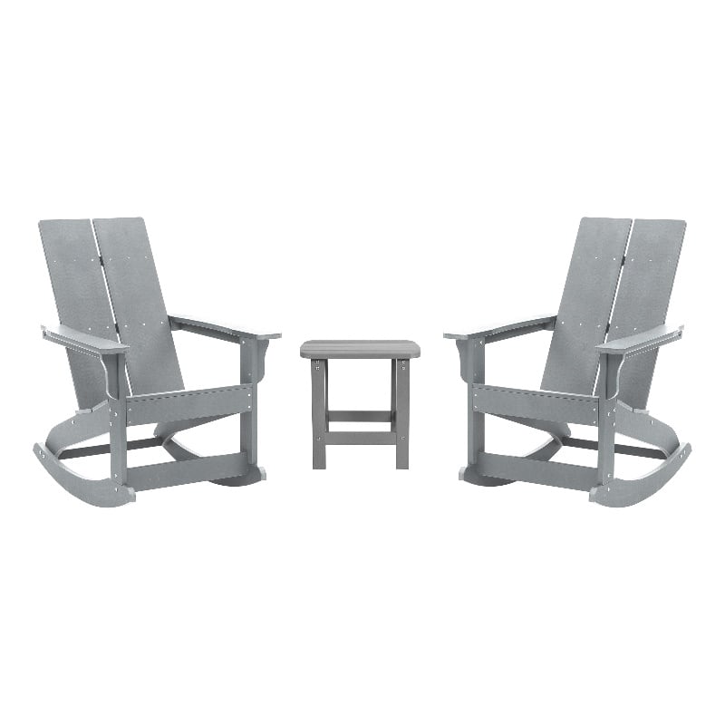 2 Gray Modern Dual Slat Poly Resin Adirondack Rocking Chairs with 1 Side Table